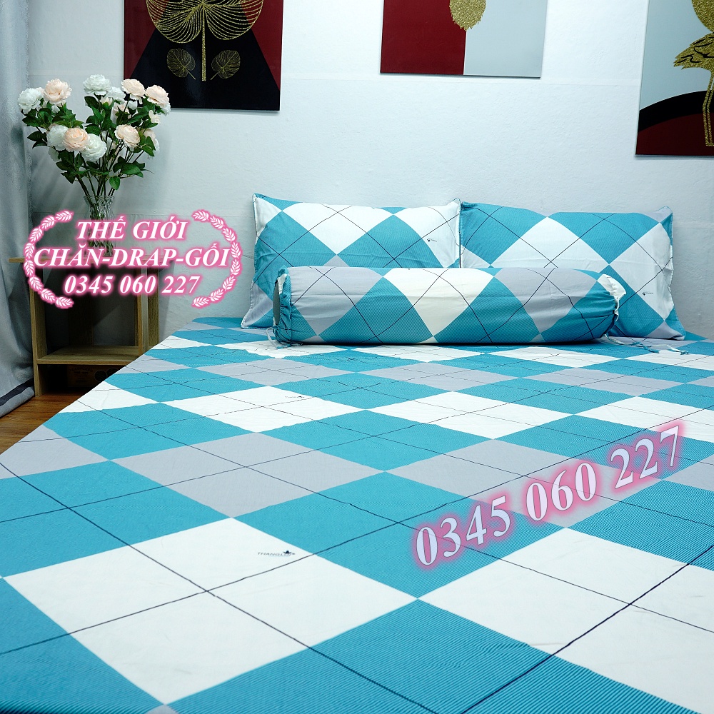 (RẺ VÔ ĐỊCH) bộ drap cotton Thắng Lợi, ga trãi giường 100% chuẩn LOGO ( Ô XANH NGỌC)