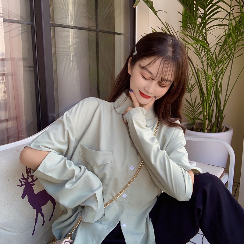 SUXI Áo Sơ Mi Tay Dài Dáng Rộng Màu Sắc Đơn Giản Thời Trang Mùa Hè Xinh Xắn Cho Nữ