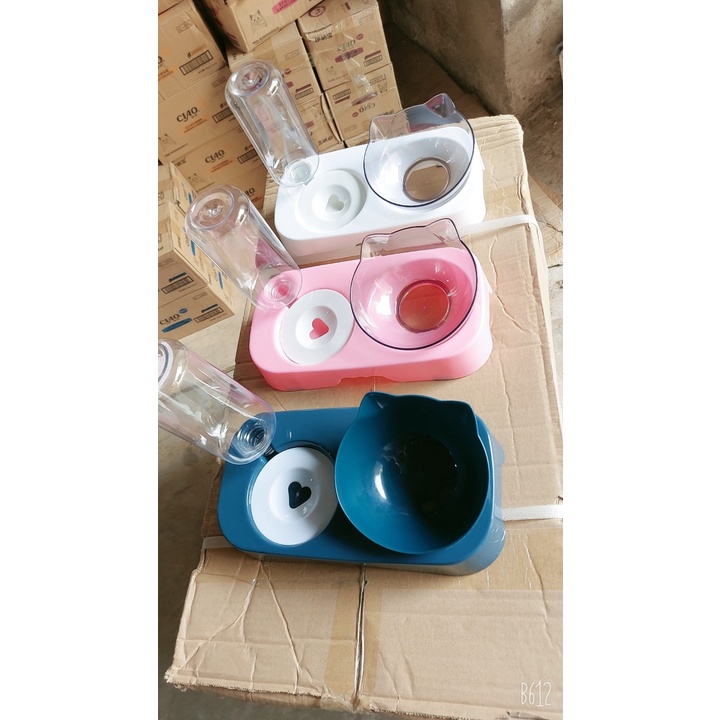 Ship hỏa tốc - Bát ăn cho mèo chó thú cưng có đế chống lật chống gù và bình nước tự động bằng nhựa hình tai mèo