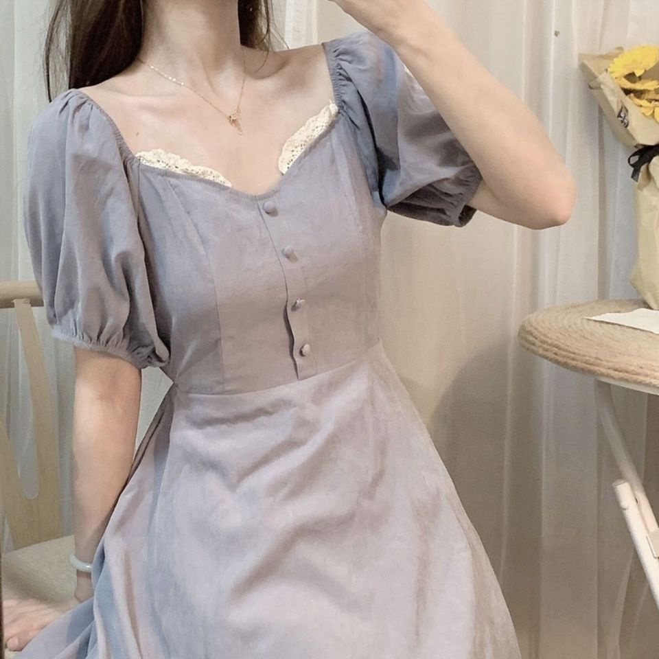 Đầm midi chữ A tay ngắn phối ren thời trang mùa hè phong cách Hàn Quốc