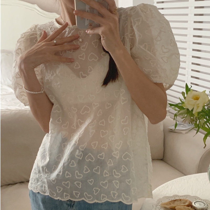 SUXI Áo Thun Tay Ngắn Cổ Tròn Trong Suốt Thêu Hình Trái Tim Nhỏ Màu Trơn Phong Cách Hàn Quốc Mùa Hè