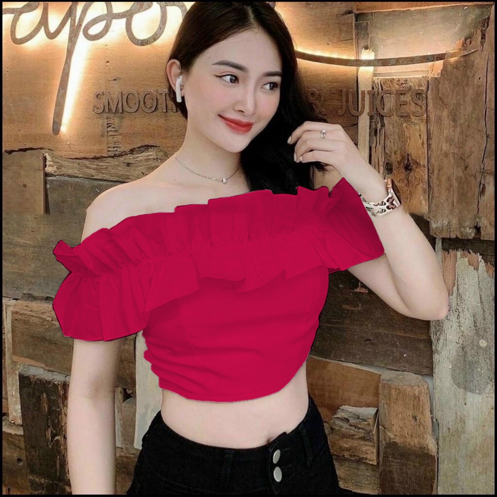 Áo trễ vai FM Style croptop thiết kế trễ vai phối bèo sang chảnh 204140059