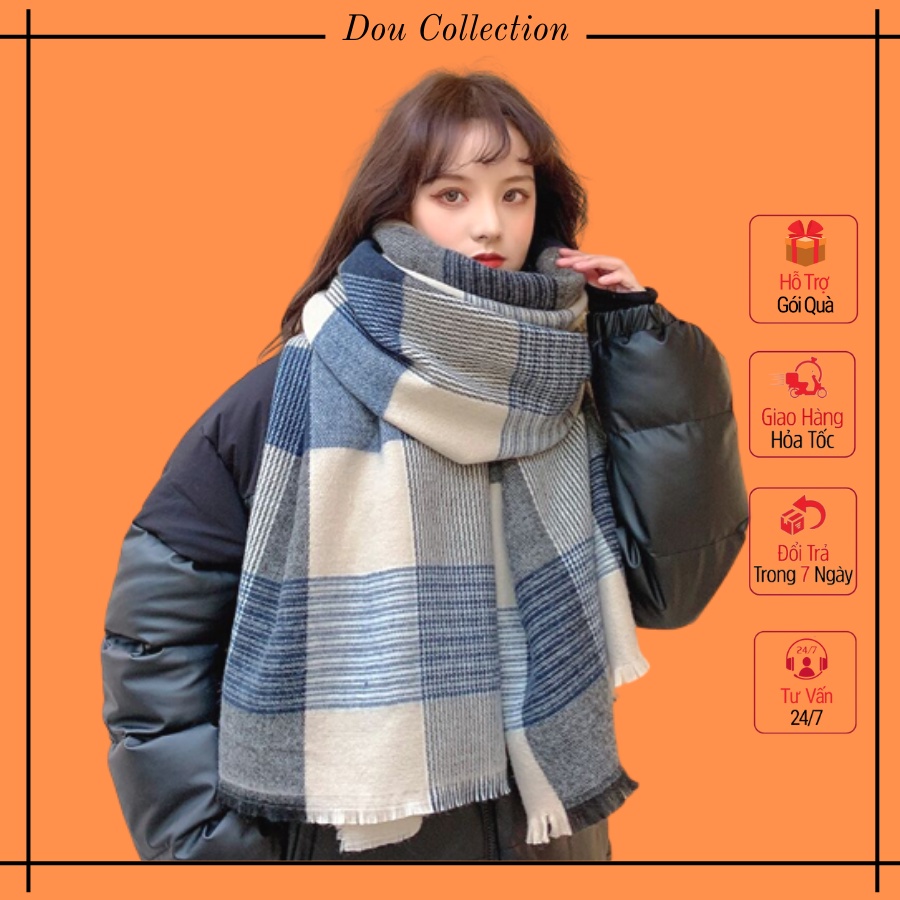 Khăn choàng cổ len cashmere kích thước 70x200cm hoạ tiết caro giữ ấm thời trang thu đông LN021 màu xanh be