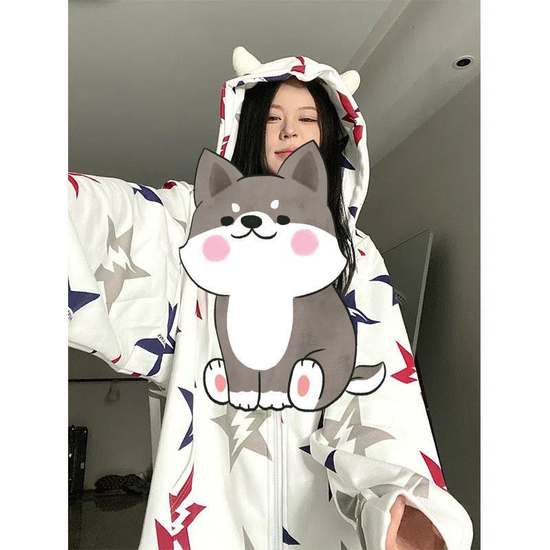 Áo Khoác Cardigan Có Mũ Trùm Đầu Hình Ngôi Sao Phong Cách Hip Hop Retro Mỹ Thiết Kế Niche