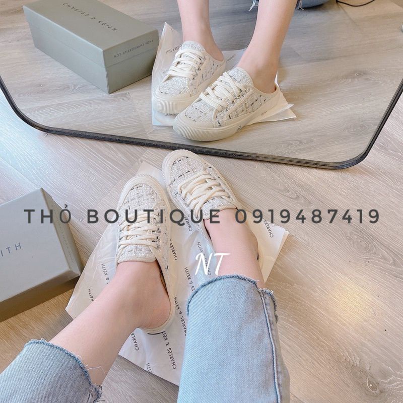 Giày sneakers sục ZARA xuất Âu xịn thể thao hở gót dạ tweed trắng đen sọc đế 2cm size 35-36-37-38