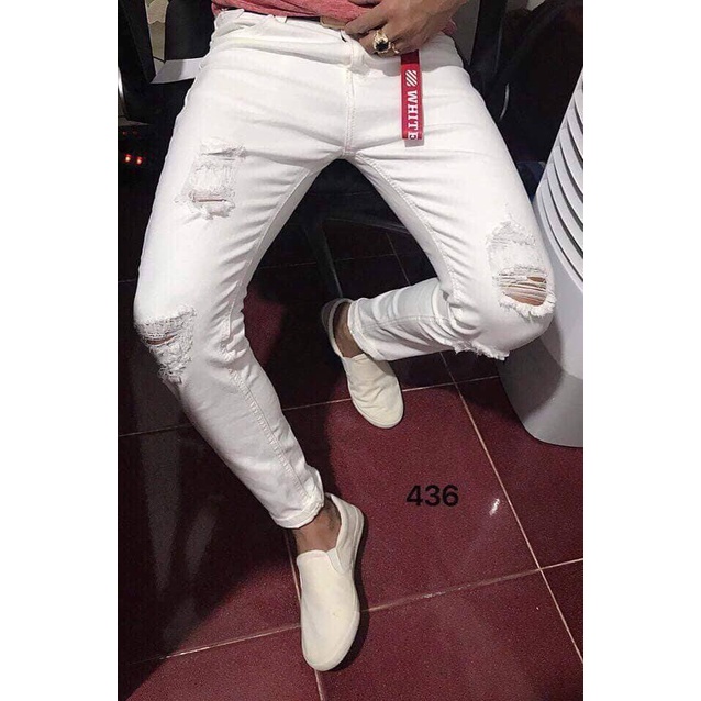 Quần jean nam chất bò rách gối xước nhẹ 2 màu (trắng,đen) chuẩn form cao cấp DV-FASHION | BigBuy360 - bigbuy360.vn