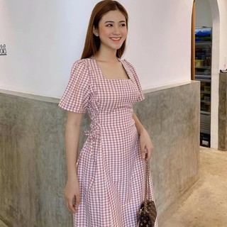 Đầm váy caro hồng đan dây eo