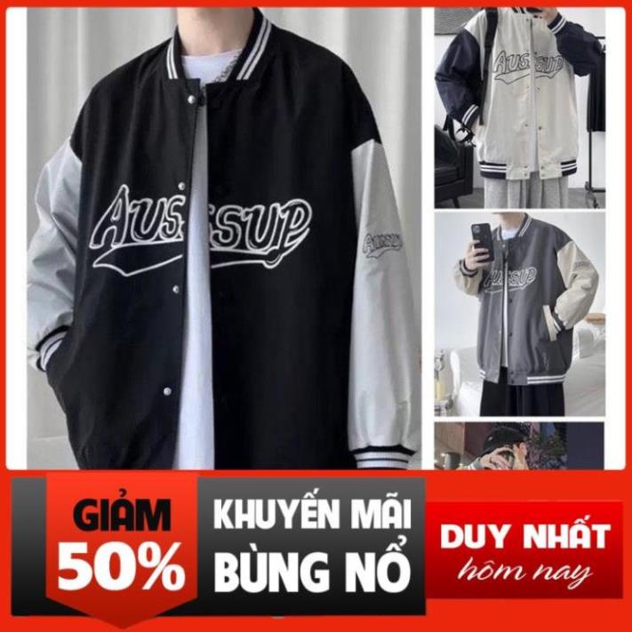 SALE Áo khoác bomber nam nữ unisex-Áo bóng chày Form rộng AUSSUP chất liệu kaki dày dặn, mặc đi học, đi chơi !