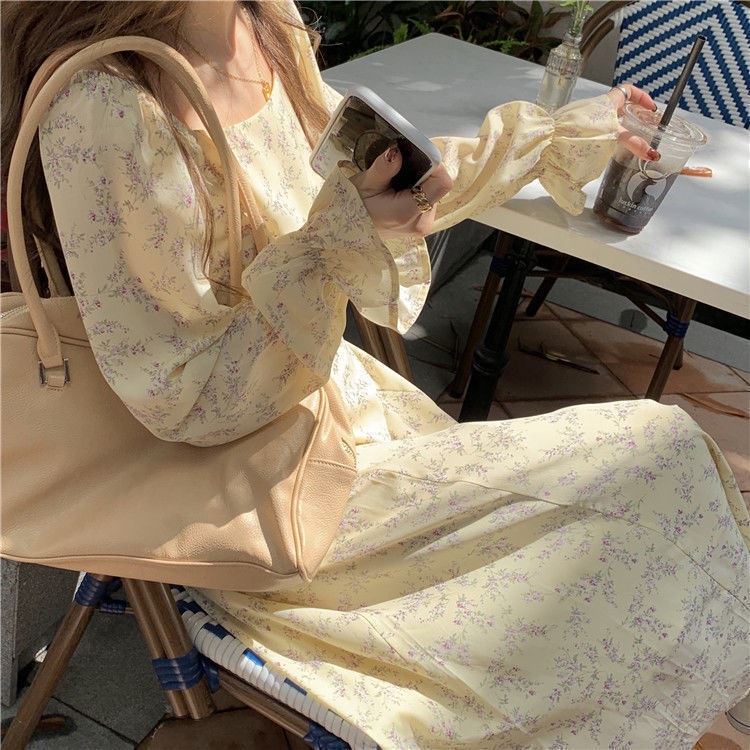 Đầm Maxi Tay Dài Phồng Cổ Vuông In Họa Tiết Hoa Plus Size Cho Nữ