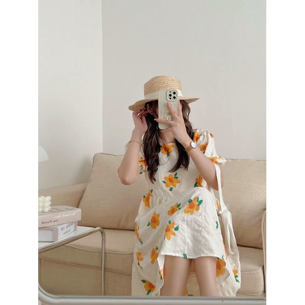 Váy Babydoll hoa cam tay bồng chất đũi xốp Pea Store - Đầm hoa dáng dài đũi xốp xinh xắn