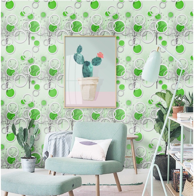 Decal giấy dán tường ô tròn xanh khổ 45cm keo sẵn