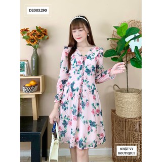 Đầm tơ hoa tay dài đan ngực - D2003