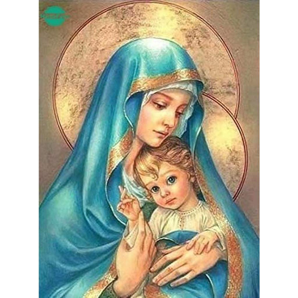 Bộ tranh đính đá tự làm 5D hình đức mẹ Marry và chúa Jesus kich thước 30x40cm