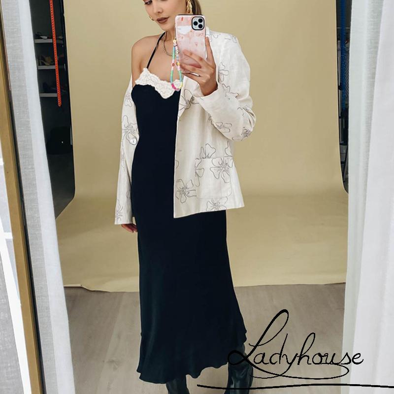 Ldd-đầm Dài Hai Dây Mỏng Màu Đen Trang Trí Ren Trang Trí Tiệc Tối Dành Cho Bạn Nữ