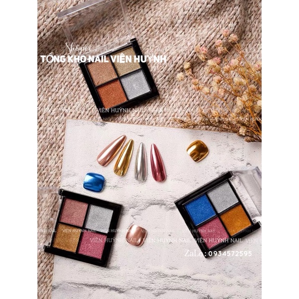 Tráng gương nail dạng nén , hộp 4 ô tráng gương ánh trai , vàng bạc , nhiều màu đẹp