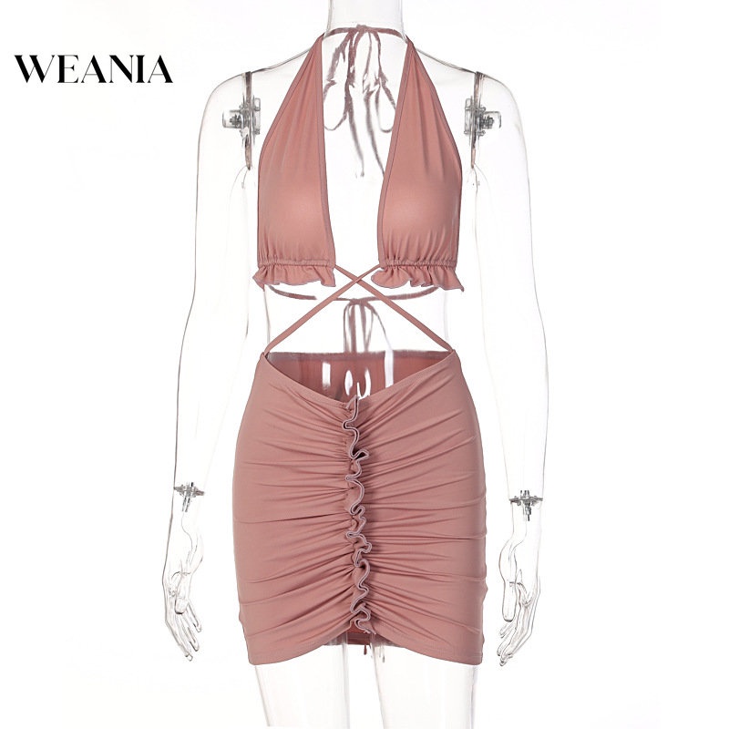 Bộ Áo Tank Top Hở Lưng + Chân Váy Xếp Ly Thời Trang Đi Biển Quyến Rũ Cho Nữ