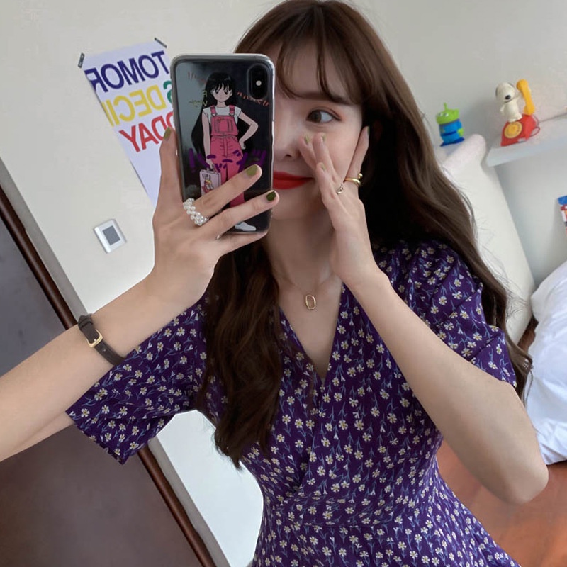 Đầm Chữ A Cổ Chữ V In Họa Tiết Hoa Phong Cách retro Dành Cho Nữ