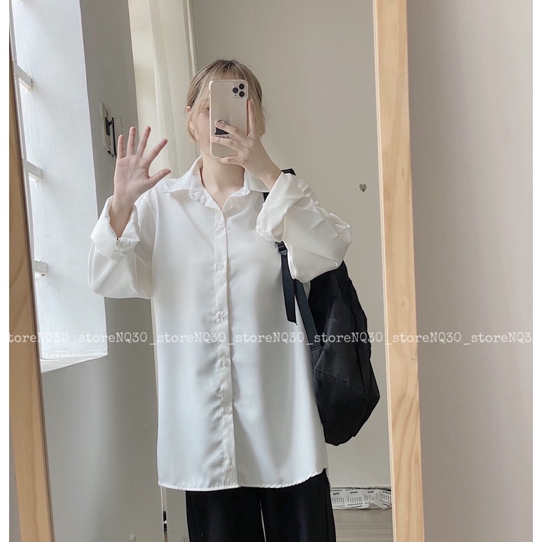 Áo Sơ Mi Trơn NQ30 Form Rộng Trắng Nam Nữ Unisex