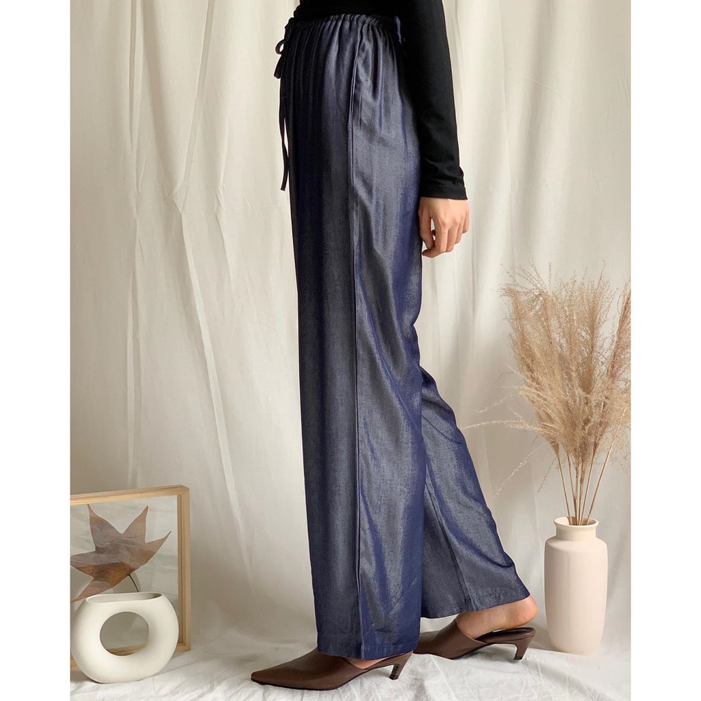 Quần ống suông rộng vải thun denim mềm và mát