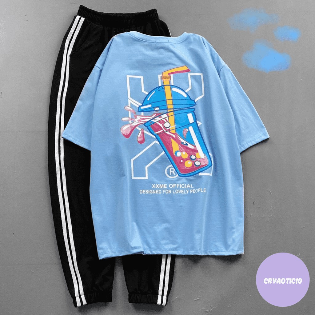 Set áo trà sửa + quần đen 3 sọc / shot cartoon unisex