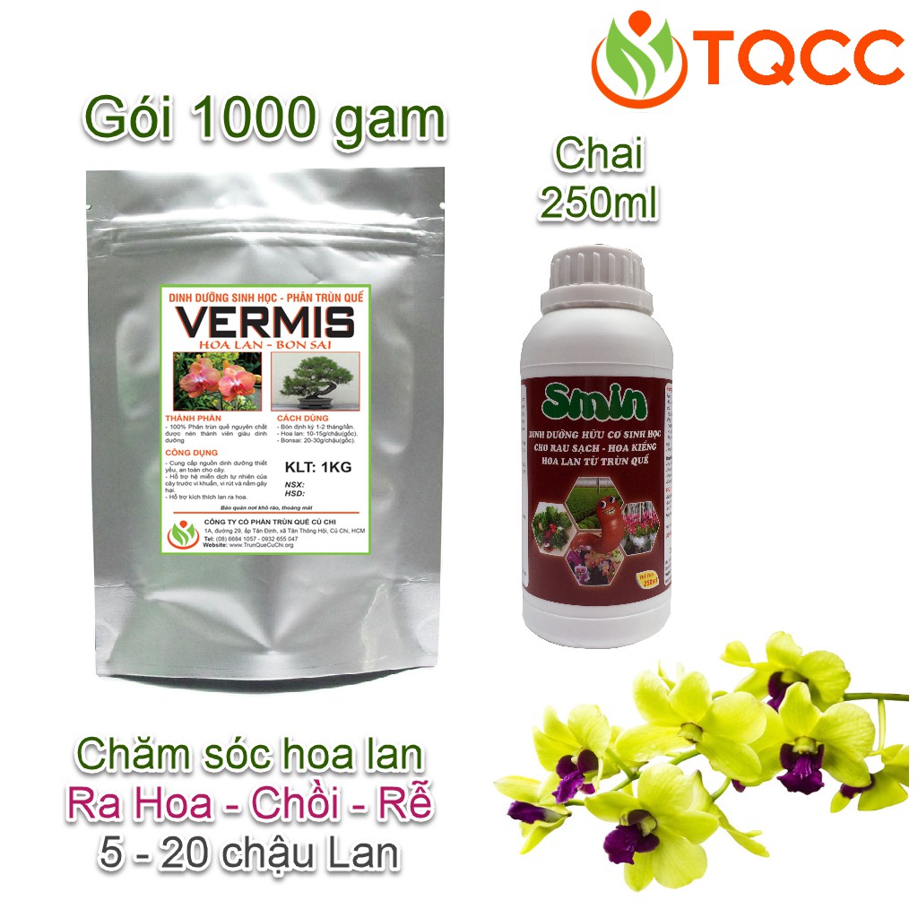 Bộ phân bón hữu cơ vi sinh chăm sóc hoa lan ra hoa ra chồi ra rễ từ 5-20 chậu (smin 250ml & vermis 1kg)