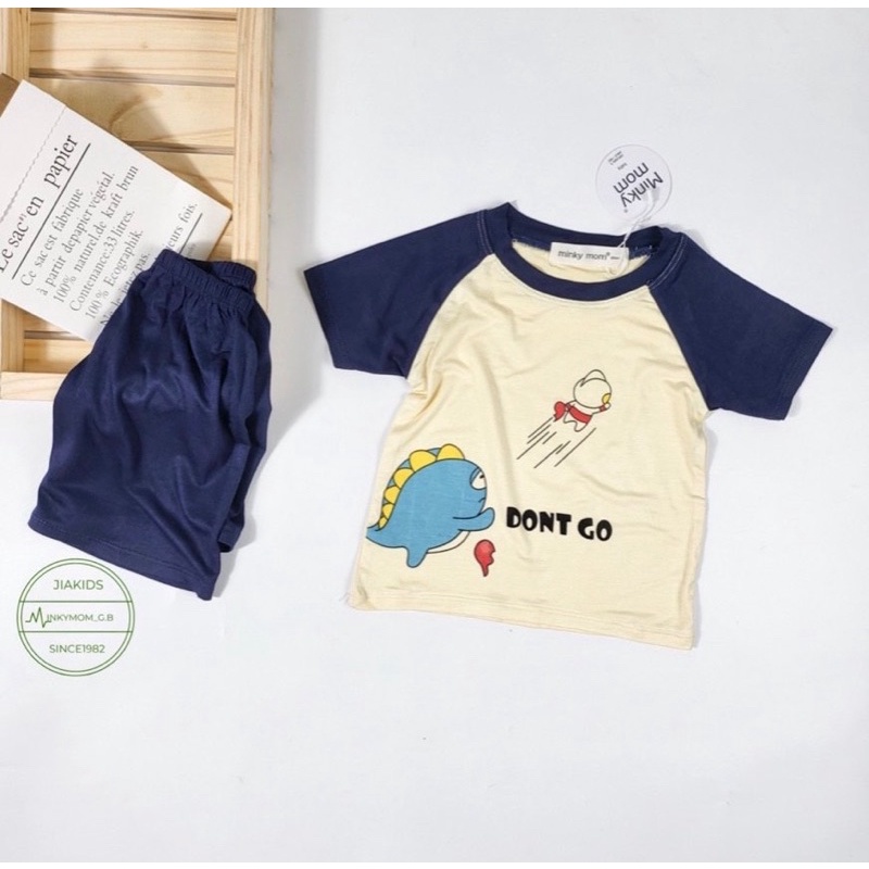 NT047 Bộ cộc tay thun lạnh Minky Mom phối tay giáp lăng in hình con vật đáng yêu cho bé