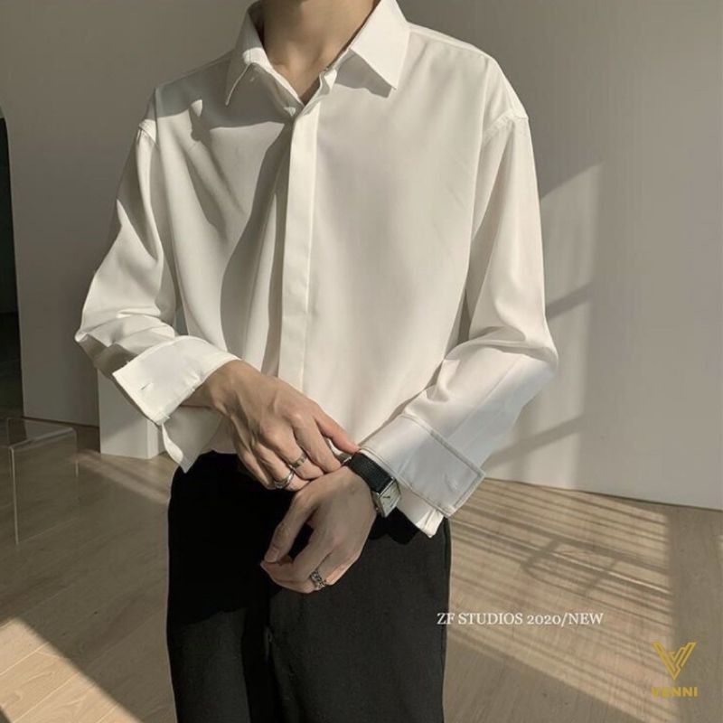 Áo sơ mi Đen/Trắng/Xanh áo sơ mi nam dài tay vải lụa cổ bẻ phong cách Hàn Quốc - SML01 VENNI | BigBuy360 - bigbuy360.vn
