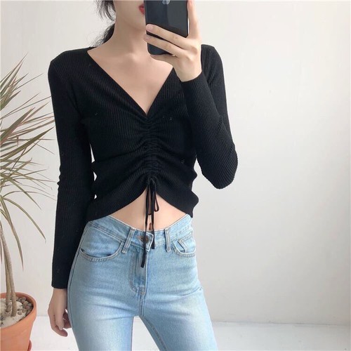 Áo croptop len tăm DÂY RÚT NGỰC tay dài