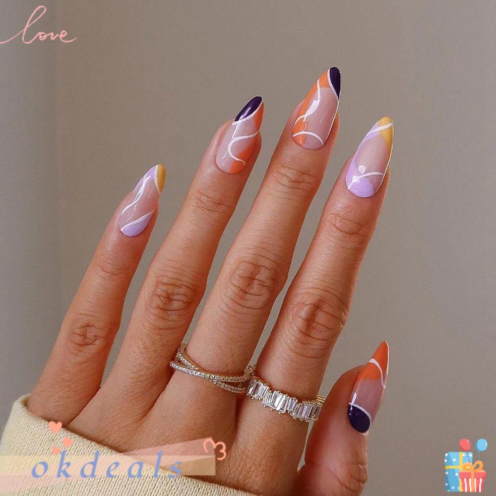 ღOKDEALSღ 24pcs/Box Women Fashion Wearable Detachable Nail Tips Almond False Nails Artificial Manicure Tool Full Cover Press On Nails French Stiletto Fake Nails