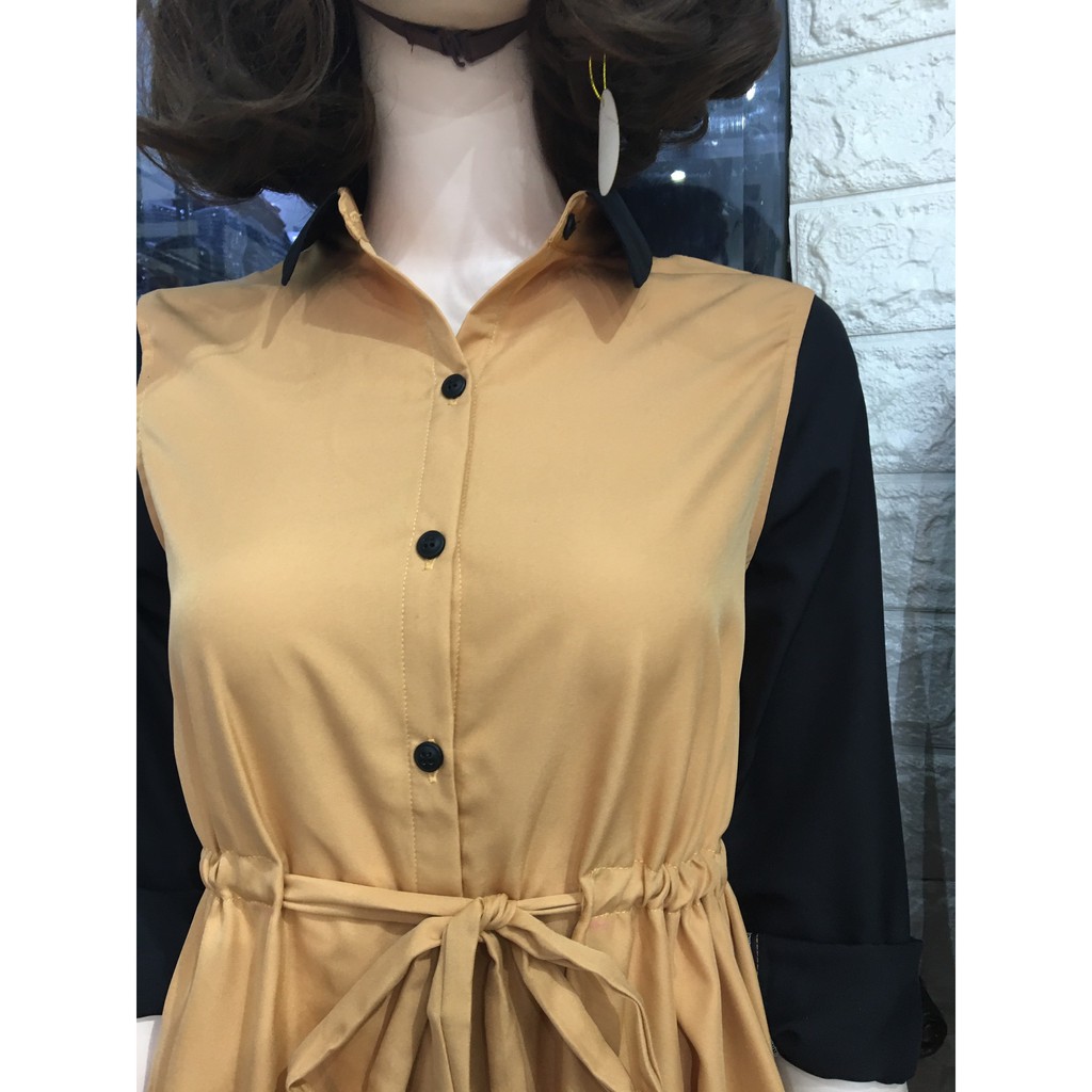 Set Sơ Mi Váy Gia Đình FIGTREE Vàng Phối Đen Nhã Nhặn