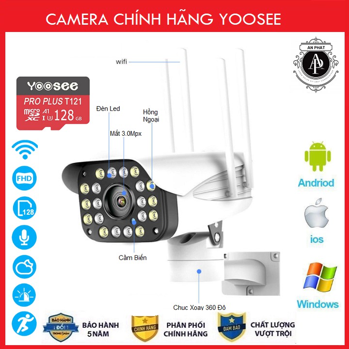 Camera Yoosee Camera Wifi Ngoài Trời Xoay 360 Độ 4 Râu 20 Led 3.0Mpx FullHD Kèm thẻ 32GB Chuyên Dụng