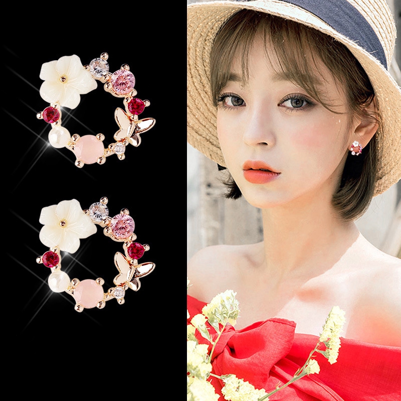 Bông Tai Hình Hoa Đính Đá Zircon Nhiều Màu Xinh Xắn