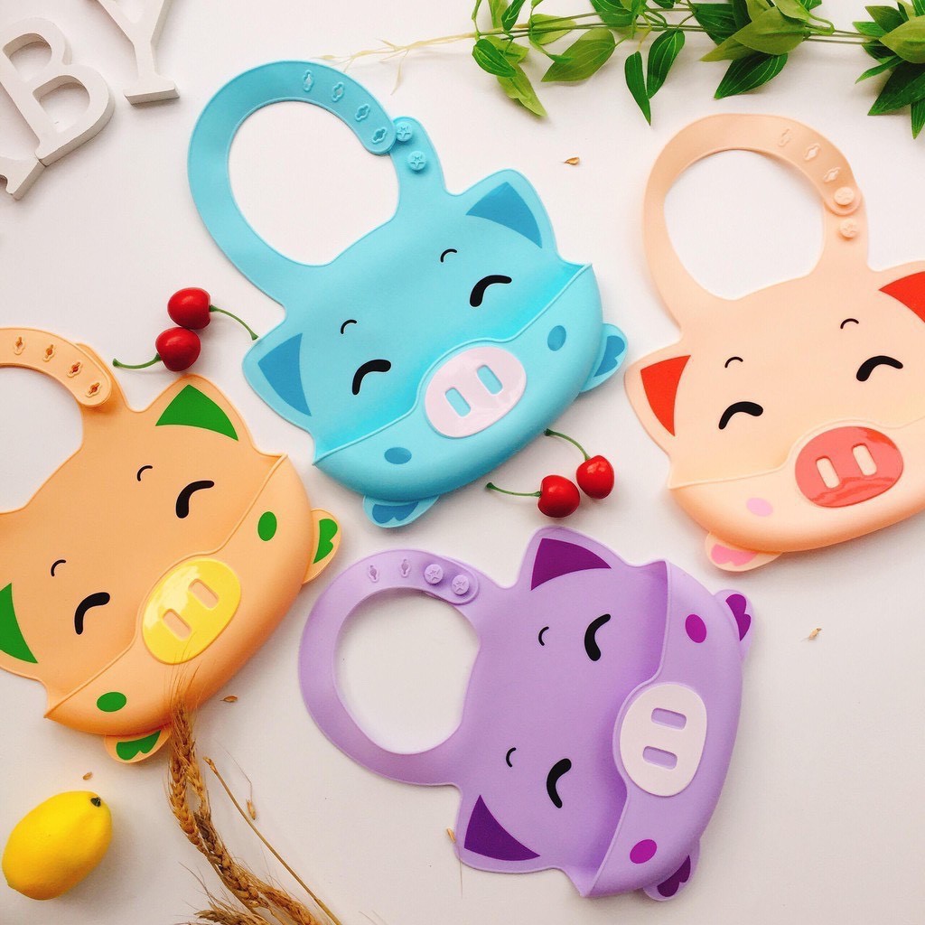 Yếm máng cho bé tập ăn dặm Silicon hình thú, siêu mềm, chống thấm, bẩn