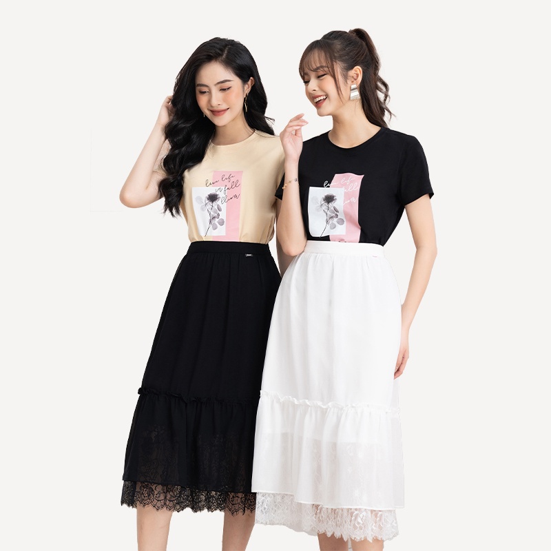 Chân váy voan ngựa đen, dáng xòe nhún, gấu phối ren Toson 38009B12