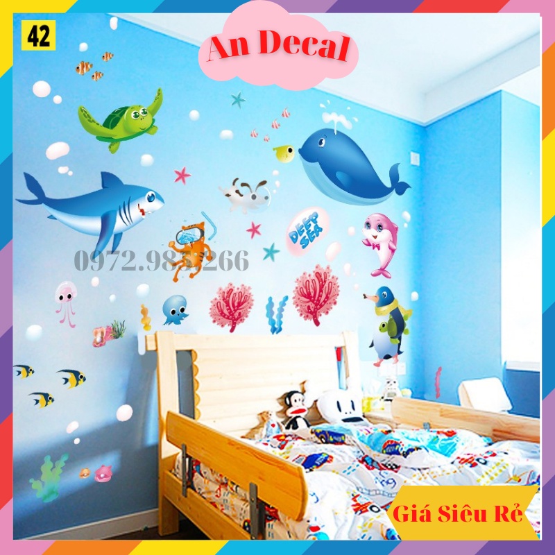 Tranh decal, decal dán tường trang trí phòng, nhà tắm, tủ quần áo cho bé thế giới cá và san hô TE42