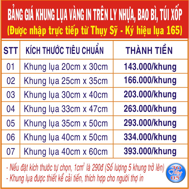 KHUNG LỤA VÀNG CAO CẤP IN TRÊN LY NHỰA, BAO BÌ, TÚI XỐP