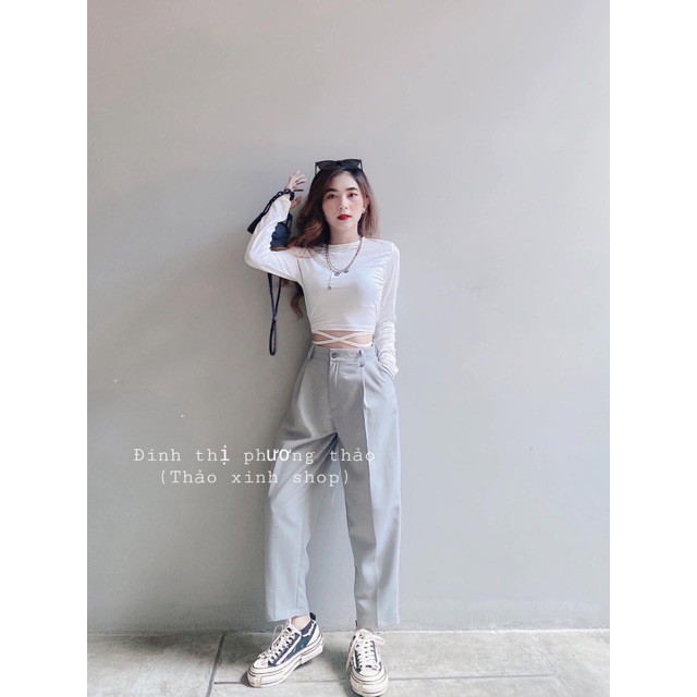 Áo Croptop Tay Dài Chéo Dây Eo Kiểu Body Gợi Cảm Nữ Màu Trắng Đen DRACR26 Mys Aloha Kill System | BigBuy360 - bigbuy360.vn