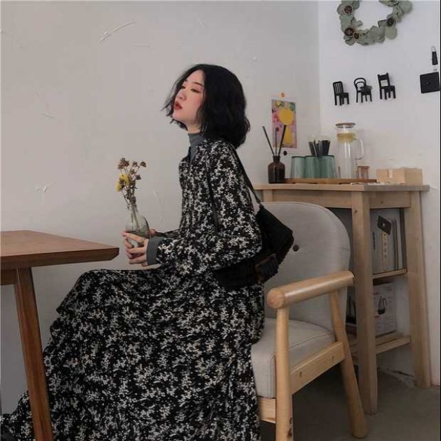(Sẵn) Đầm hoa xoè rộng dáng dài cổ điển phong cách vintage