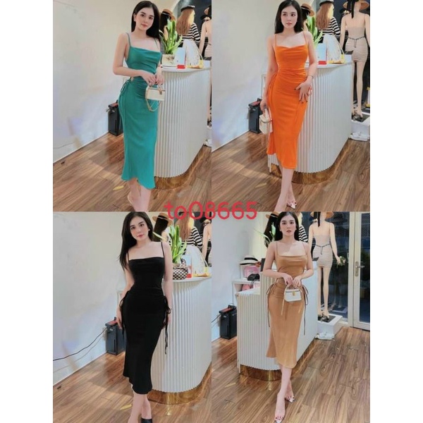 Đầm Thun Hai Dây Khoét Eo Hai Bên Rút Dây - Dáng Dài Maxi Ôm Body Sexy - Chất Thun Gân