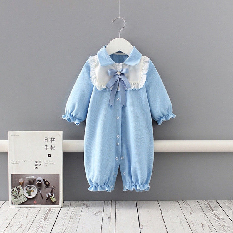Áo Liền Quần Tay Dài Đính Nơ Chất Liệu Cotton Thời Trang Xuân Thu Xinh Xắn Cho Bé Gái