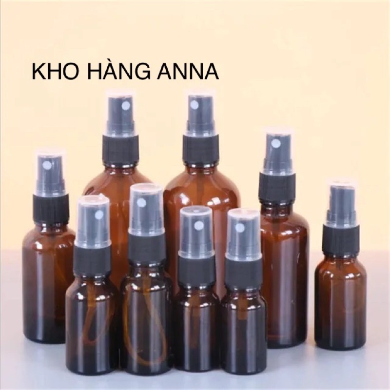 Combo 5 Chai THUỶ TINH Nâu bóng 100ml/ 50ml/ 30ml/ 20ml/ 15ml / 10ml/ 5ml Đựng Tinh Dầu xịt sương/ bóp nhỏ giọt/ nắp Đen