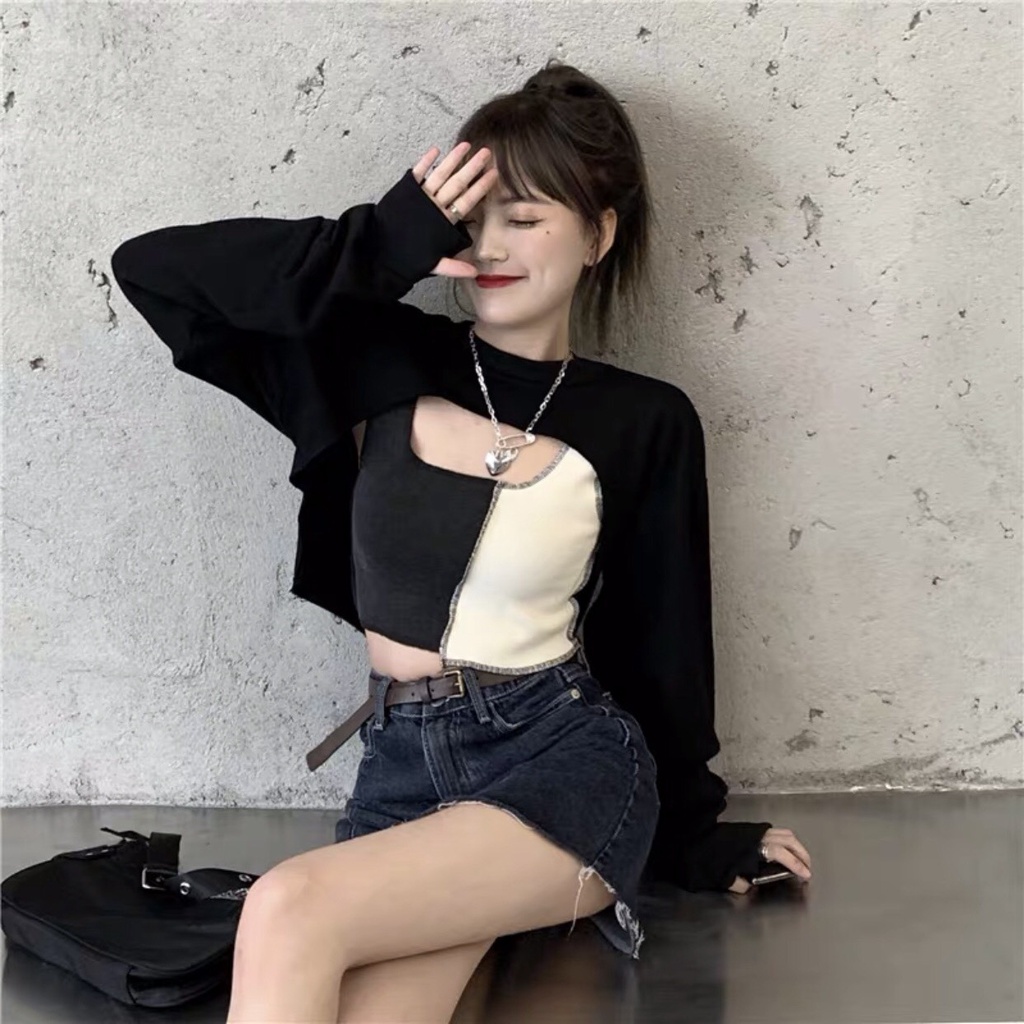 Set Áo Thun Sweater Croptop Dài Tay Cutout + Áo 3 Lỗ Phối Màu Đen Trắng - Bộ Áo Croptop Tay Dài Kèm Áo Trong 2 Màu