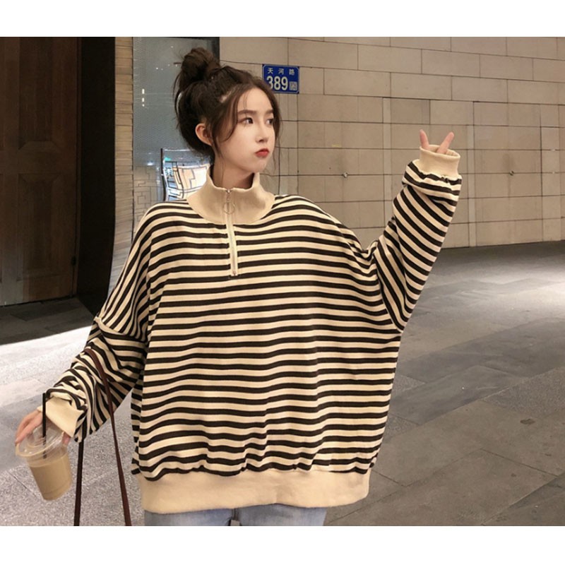 [ Mã 11FASHIONSALE1 giảm 10K đơn 50K ] Áo Sweater Vải Cotton Mỏng Dáng Rộng Kẻ Sọc Phối Khóa Kéo Cá Tính | BigBuy360 - bigbuy360.vn