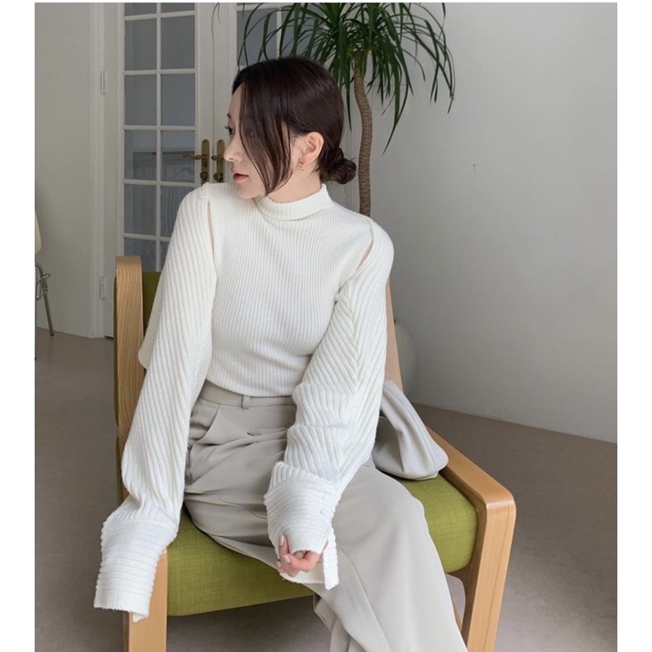 Áo len cao cổ ngắn tay bên trong + 2 mảnh cardigan bên khoác ngoài