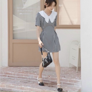 Đầm caro cổ bèo thắt eo (kèm hình thật)