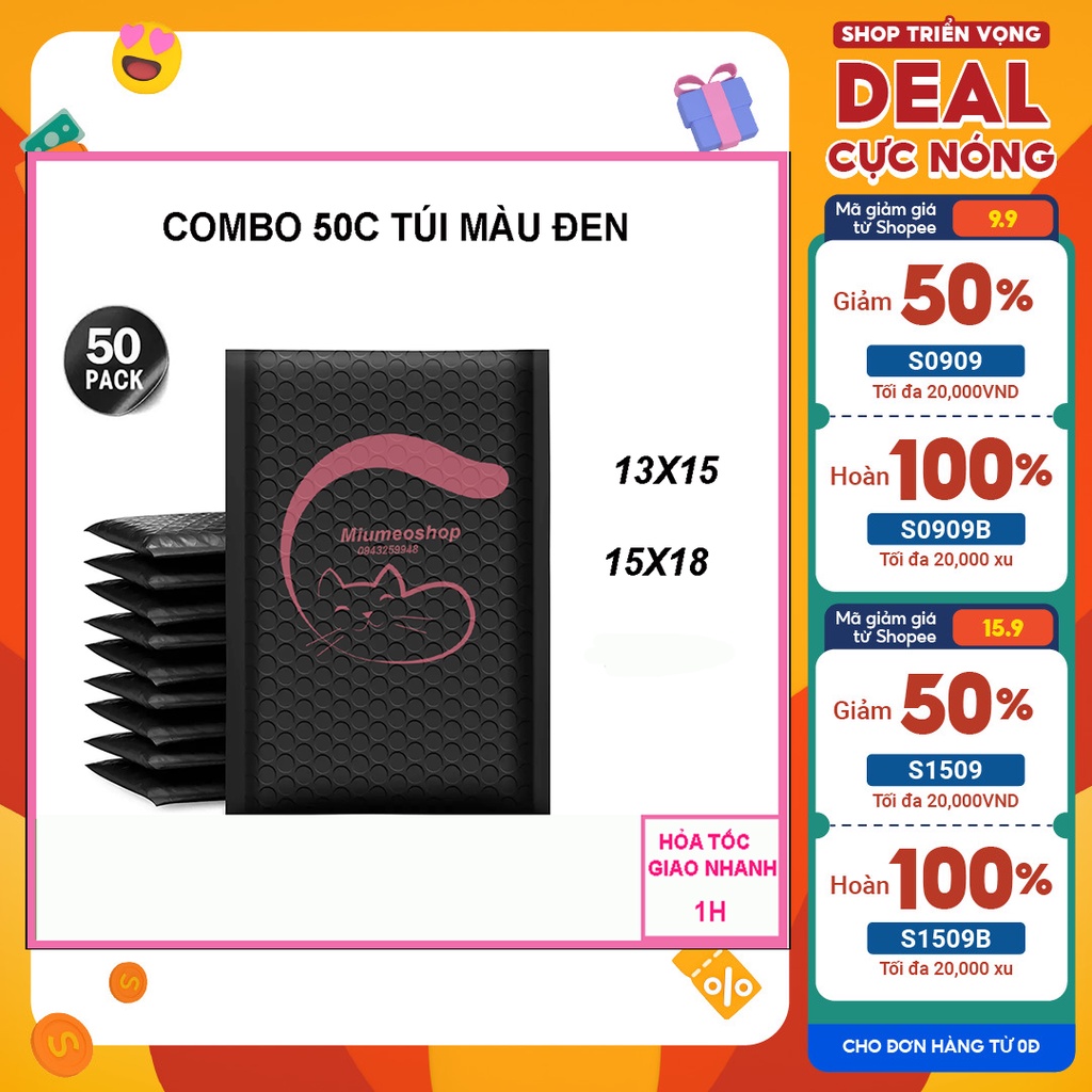 (13x15 và 15x18)Set 50 Túi Đóng Hàng Chống Sốc Chống NướcTúi Đóng Gói Bóng Khí Đen Dày Đủ Size Số