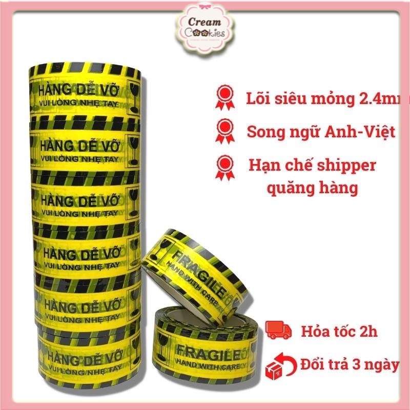 Băng Dính Hàng Dễ Vỡ, 100 Yard (không Pha, Siêu Dính). Loại Dày (lõi Mỏng 2,4mm) 6 Cuộn