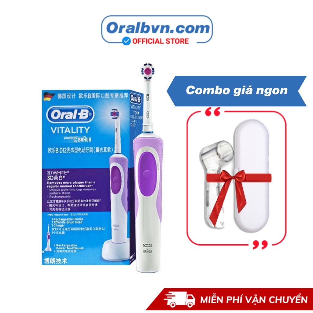 Bàn chải đánh răng điện tự động Oral-B D12 tím làm sạch răng, hạn chế viêm nướu