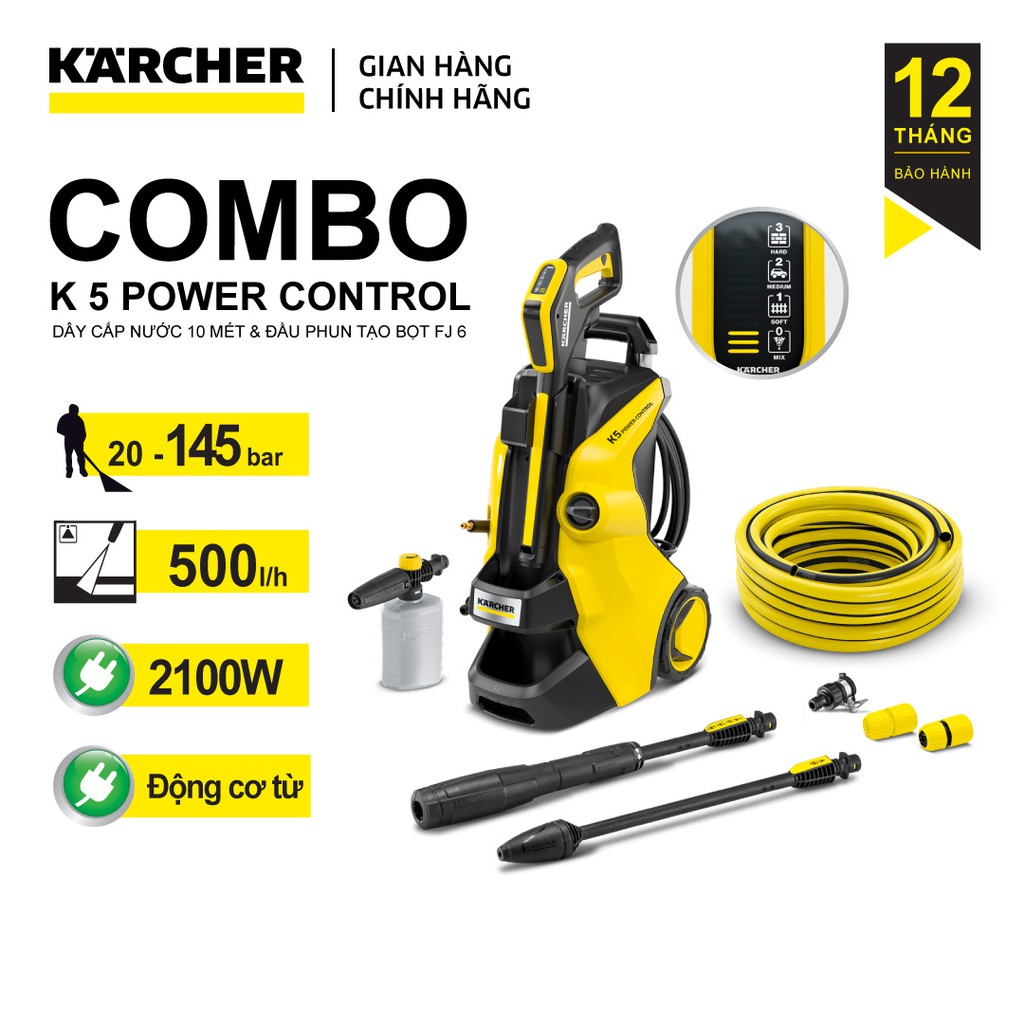 Combo máy phun rửa áp lực Karcher K5 Power Control cùng dây cấp  nước 10 mét + đầu phun tạo bọt FJ 6