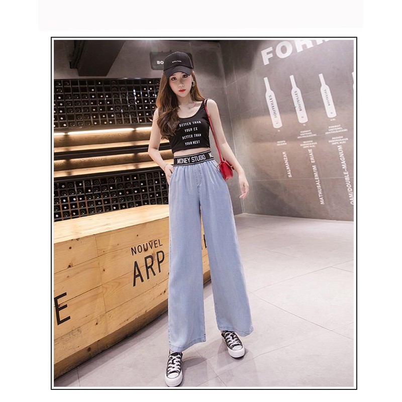 quần jean big size ống rộng lưng thun in chữ size 65-